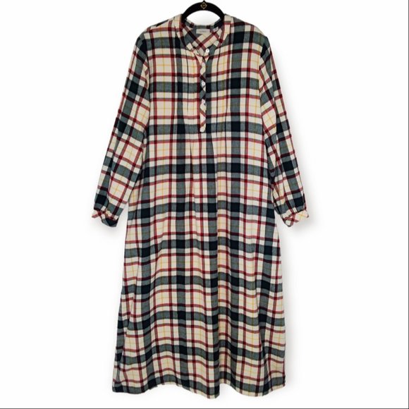 LL Bean 100% Cotton Flannel Nighgown Size Medium Plaid Reg Green Yellow Cream - Picture 1 of 8